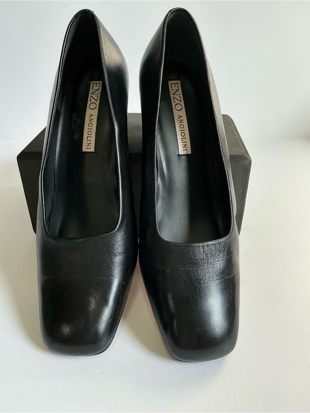Enzo Angiolini Black Leather Square-Toe Heels